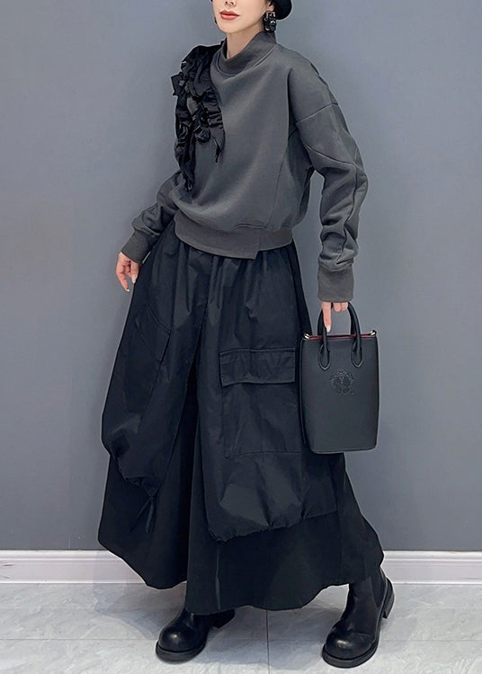 Stylish Grey Ruffled Sweatshirt and Black Skirts Cotton Two Piece Set Fall