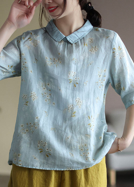 Light Blue Peter Pan Collar Print Linen Shirt Tops Half Sleeve