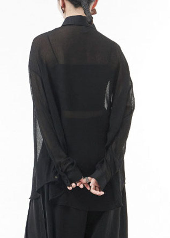 Black Button Peter Pan Collar Patchwork Tulle Shirts Spring