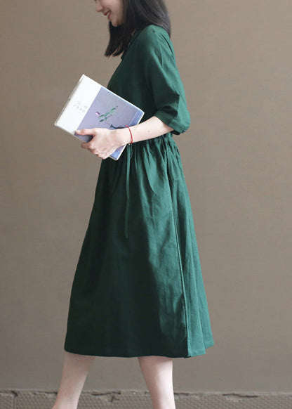 Green Drawstring Peter Pan Collar Linen Long Dress Half Sleeve