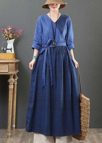 Natural V Neck Tie Waist Spring Dresses Fabrics Blue Plaid Traveling Dress