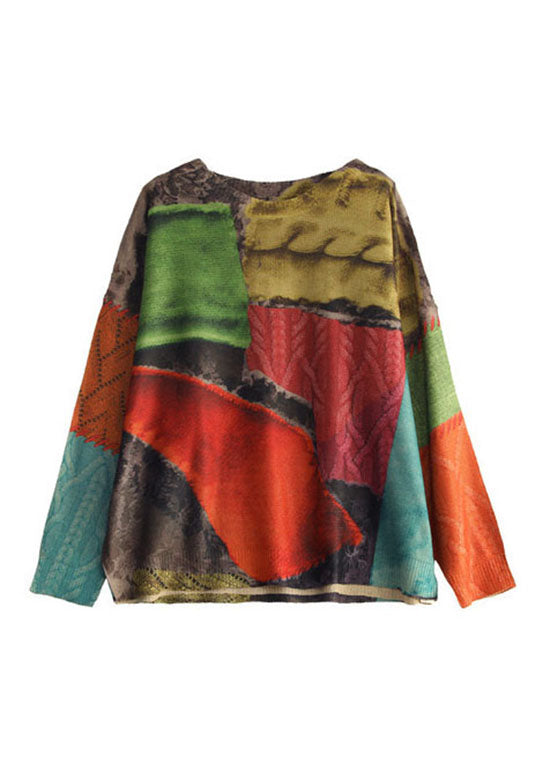 Colorblock O-neck Print Knit Tops Long Sleeve