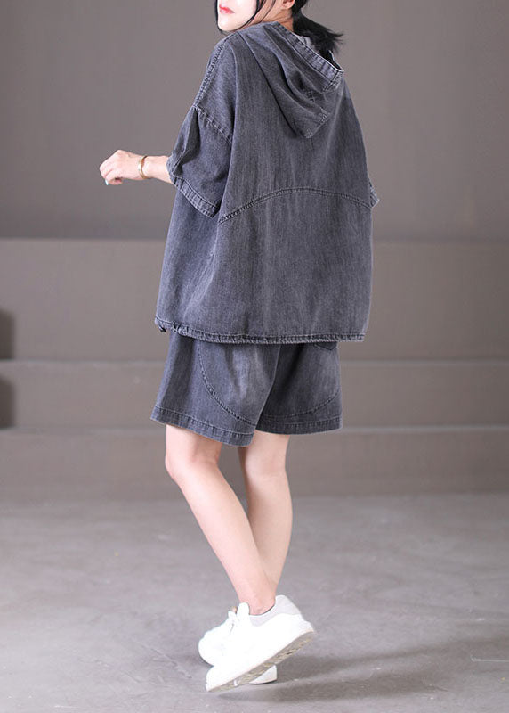 Dark Grey Hooded Elastic Waist Pockets Cotton Denim Two Piece Set Outfits Summer