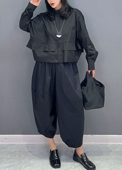 Fine Black Peter Pan Collar Patchwork Tops and Pants Cotton Two Pieces Set Spring