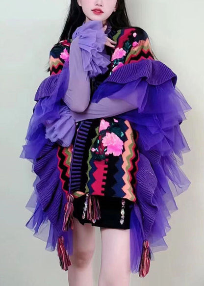 Purple V Neck Tulle Patchwork Embroideried Knit Cape Long Sleeve