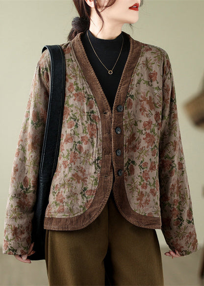 V Neck Print Button Fine Cotton Filled Jackets Spring