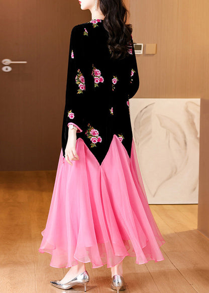 Black Embroidered Patchwork Silk Velour Long Dress Spring