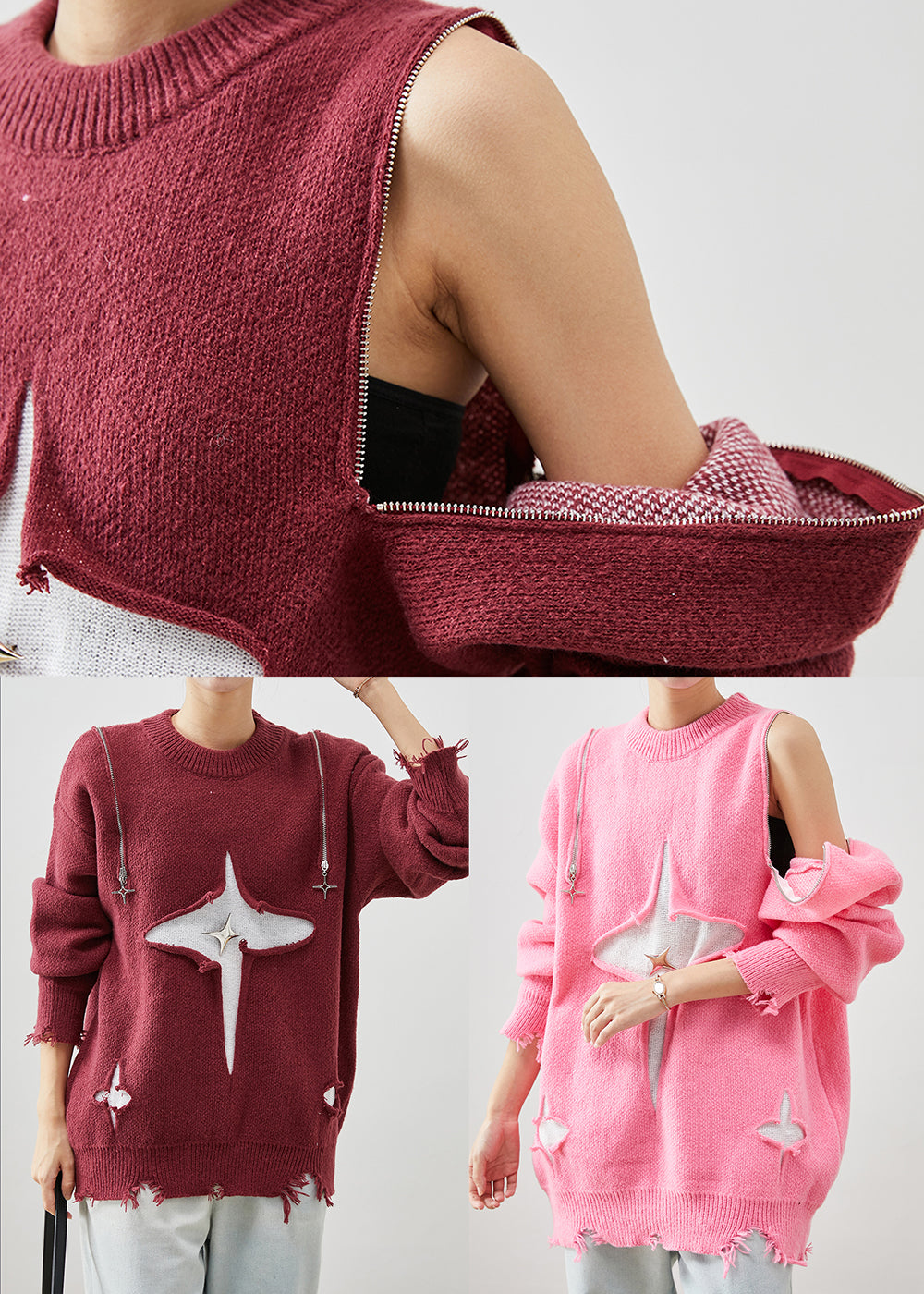 Mulberry Zip Up Cold Shoulder Knit Sweater Tops Winter