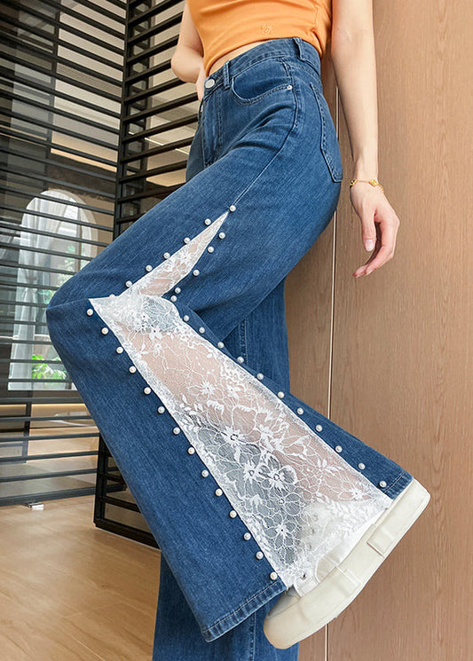 Navy Patchwork Lace Denim Flared Trousers Rivet Fall