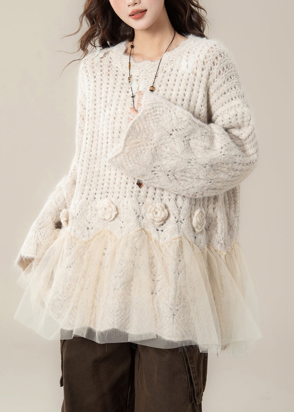 Apricot Pearl Tulle Patchwork Knit Sweaters Hollow Out