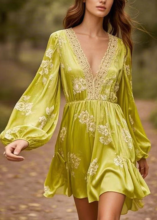 Yellow Green V Neck Print Patchwork Silk Mid Dresses Spring