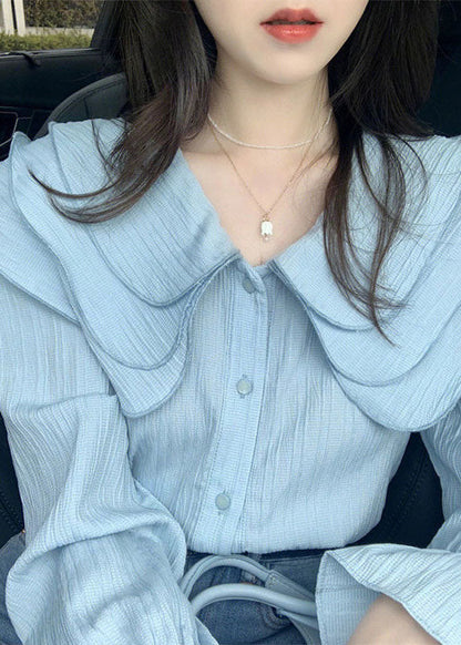 Light Blue Peter Pan Collar Wrinkled Chiffon Blouse Top Long Sleeve