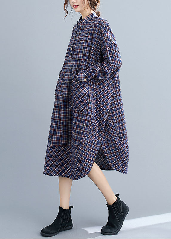 Classy Blue Plaid Button Patchwork Pockets Fall Top Long Sleeve Dresses