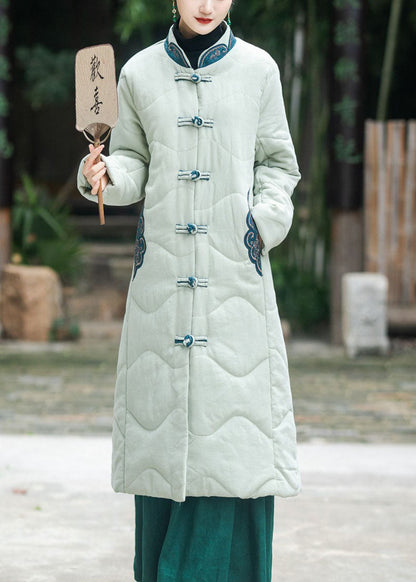 Khaki Stand Collar Embroideried Lengthen Fine Cotton Filled Witner Coat