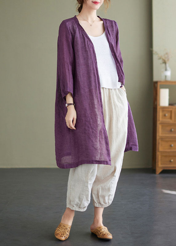 Purple V Neck Oversized Linen Long Cardigan Bracelet Sleeve