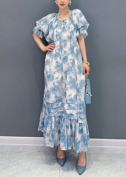 Blue O-neck Ruffled Patchwork Print Chiffon Maxi Dresses Summer