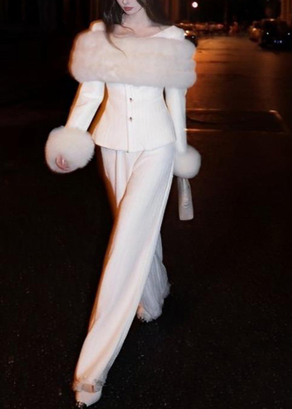 Vogue White Fur Collar Coats and Wide Leg Pants Two Pieces Set Winter