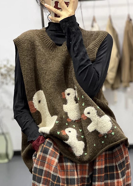 Jacquard Chocolate O-neck Cozy Cotton Knit Waistcoat Sleeveless