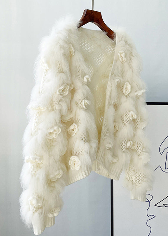 White Hollow Out Mink Hair Knitted Coat Winter