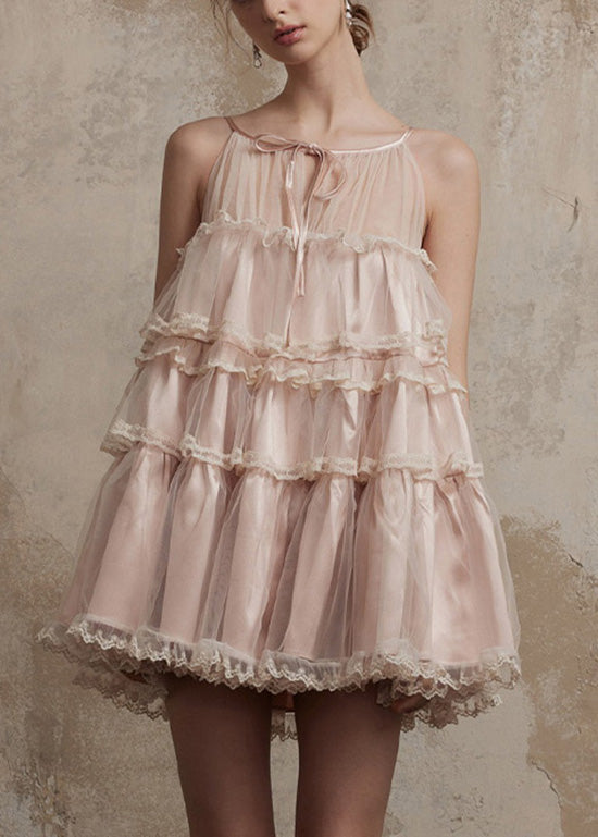 Pink Ruffled Patchwork Tulle Mini Dresses Summer