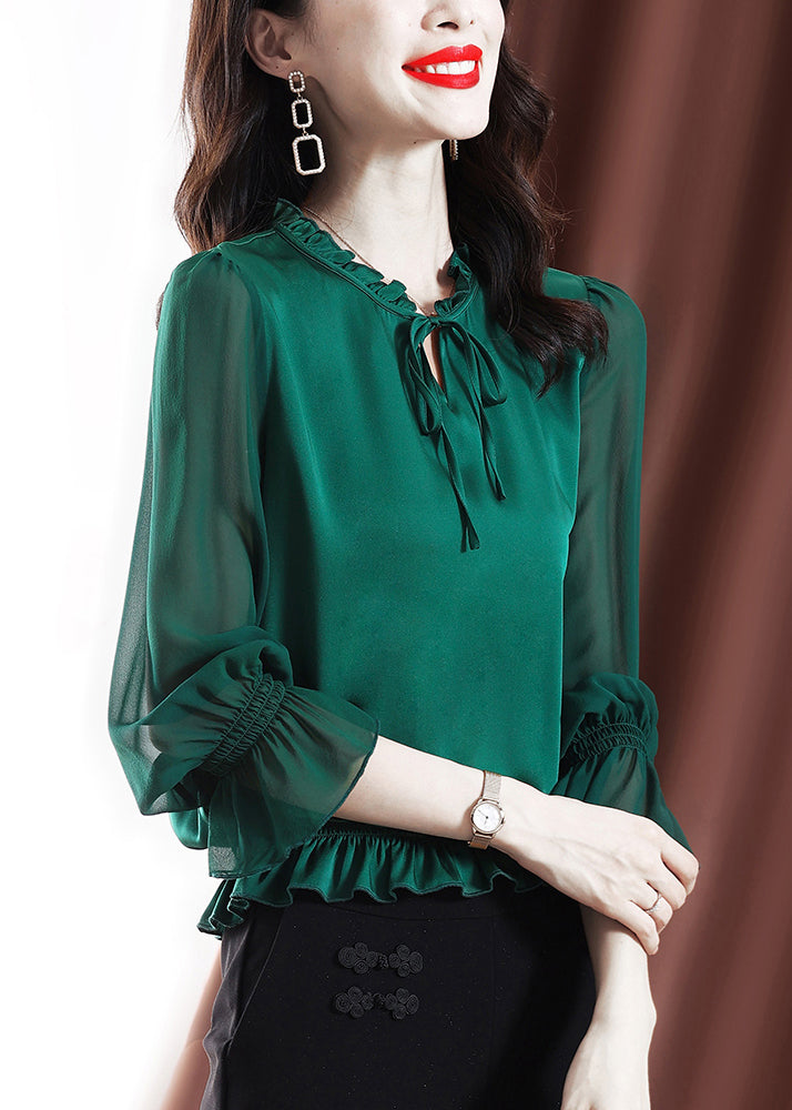 Green Ruffled Elastic Waist Chiffon Top Long Sleeve