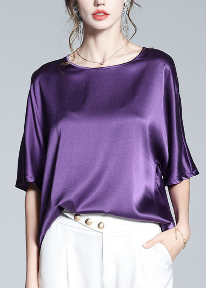 Modern Purple O-neck Silk Top Short Sleeve