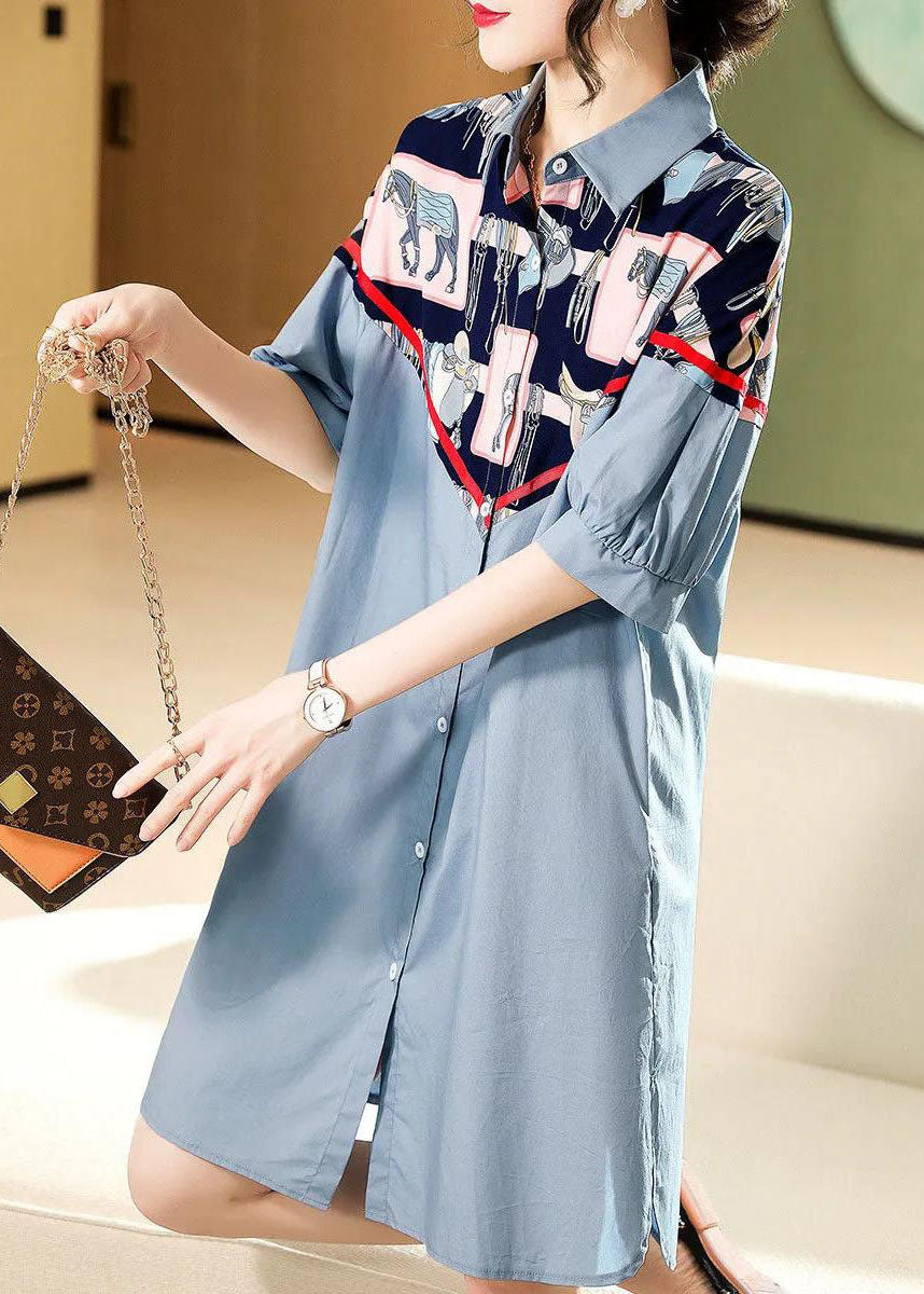 Style Blue Button Peter Pan Collar Print Patchwork Shirt Dresses Half Sleeve