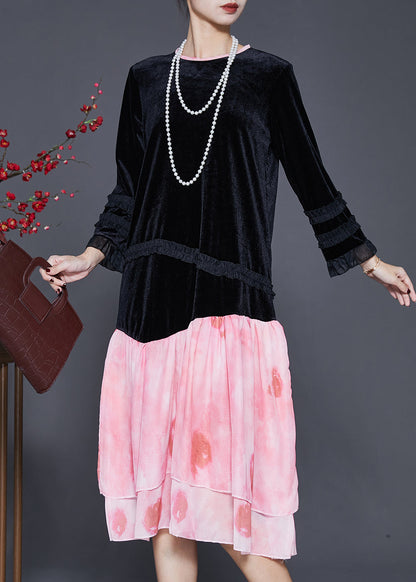 Unique Black Ruffled Patchwork Silk Velour Dress Spring