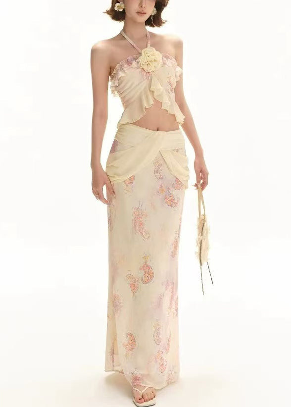 Apricot Print Tank and Skirts Chiffon Two Pieces Set Sleeveless