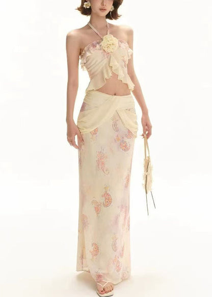 Apricot Print Tank and Skirts Chiffon Two Pieces Set Sleeveless