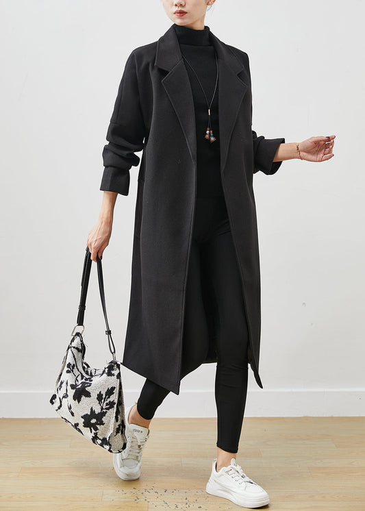 Black Peter Pan Collar Tie Waist Woolen Coats Spring