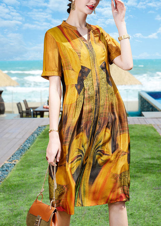 Yellow V Neck Print Draping Silk Holiday Dress Short Sleeve