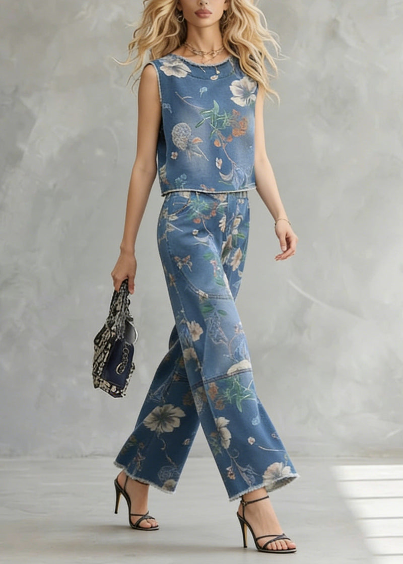 Stylish Blue O Neck Print Denim Two Pieces Set Summer