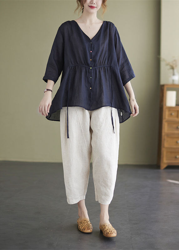 Navy Loose Button Tie Waist Asymmetrical Design Fall Three Quarter Sleeve Shirt Top