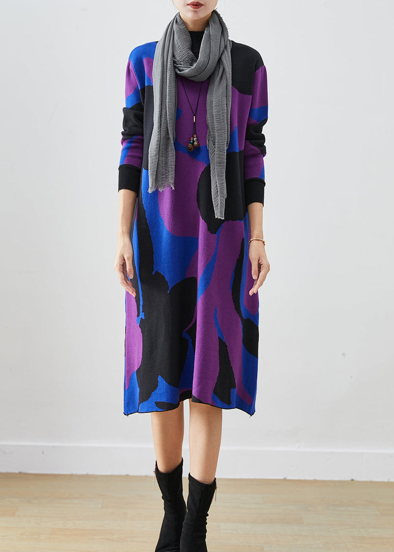 French Colorblock Turtle Neck Print Knit a Line Dresses Fall