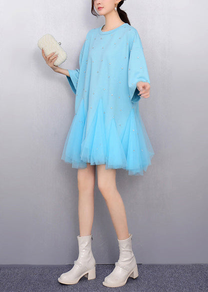 Blue Oversized Patchwork Tulle Mini Dress Summer