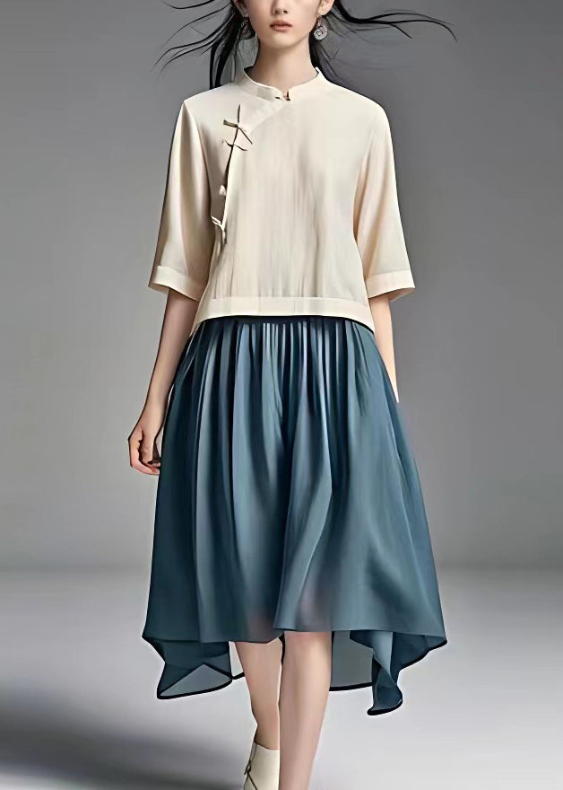 New Beige Tops and Blue Skirts Cotton Two Piece Set Half Sleeve