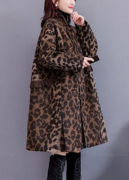 Leopard Ruffled Pockets Thick Woolen Coats Long Sleeve