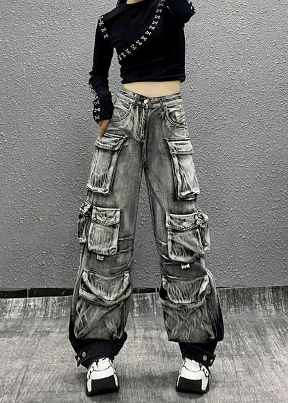 Gray Black Multi Pocket Denim Pants Autumn