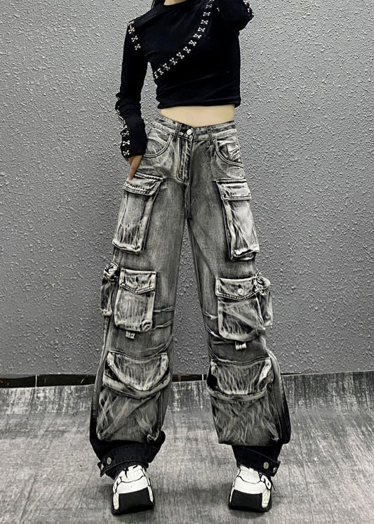 Gray Black Multi Pocket Denim Pants Autumn