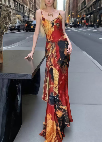 Red Painting Tie Waist Tulle Spaghetti Strap Dress Summer