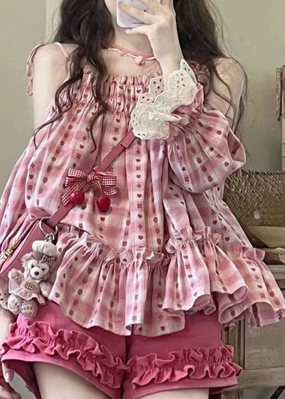 Pink Ruffled Print Patchwork Top and Shorts Two Pieces Set Summer