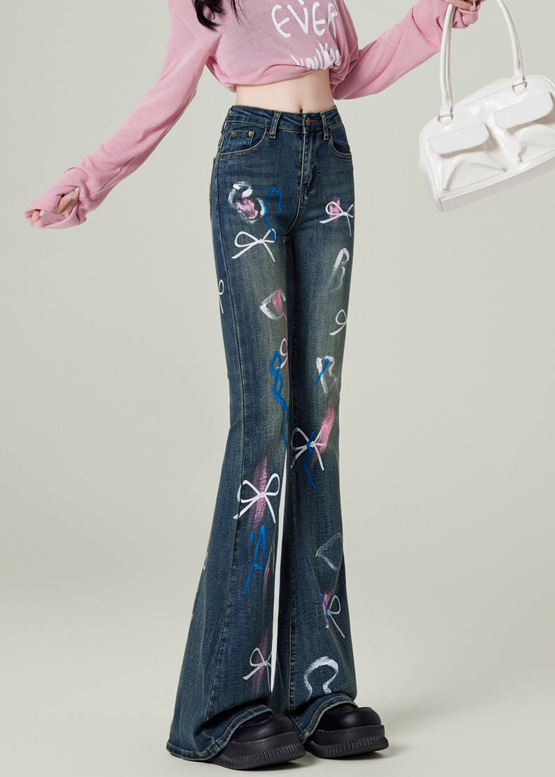 Blue Pockets Bow Print Denim Flared Trousers Spring