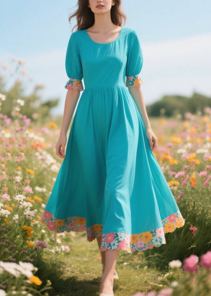 Blue O-neck Patchwork Print Cotton Holiday Dress Summer