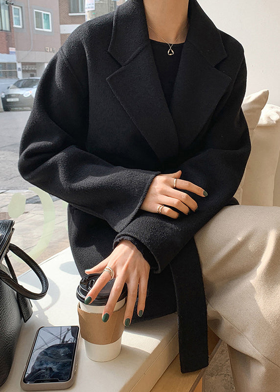 Diy Black Notched Tie Waist Woolen Coats Fall