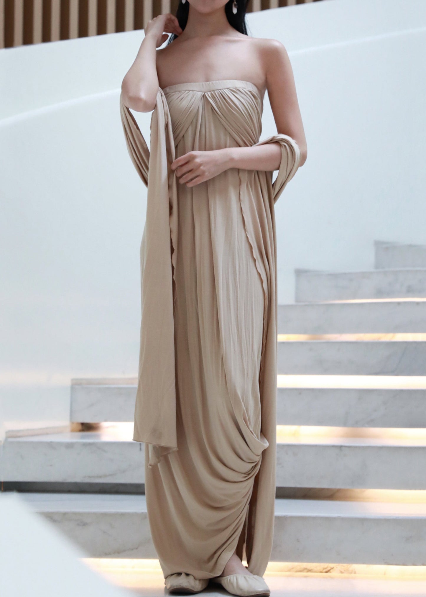 French Khaki Off the Shoulder Wrinkled Cotton Long Dresses Sleeveless
