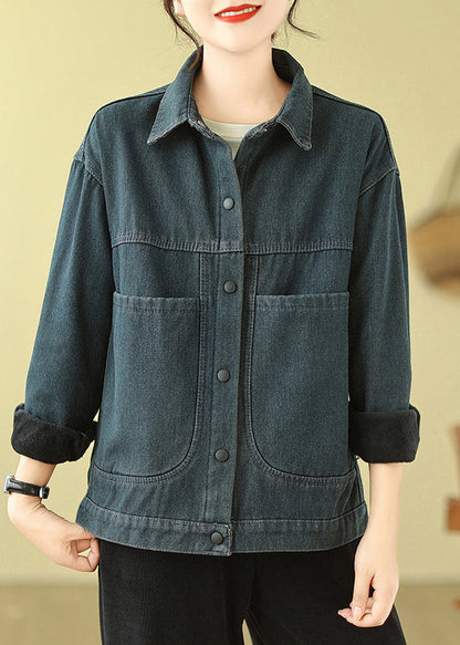 Navy Oversized Pockets Warm Fleece Denim Jacket Spring