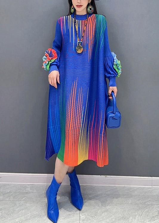 Blue Print Wrinkled Cotton Long Dresses O Neck Spring