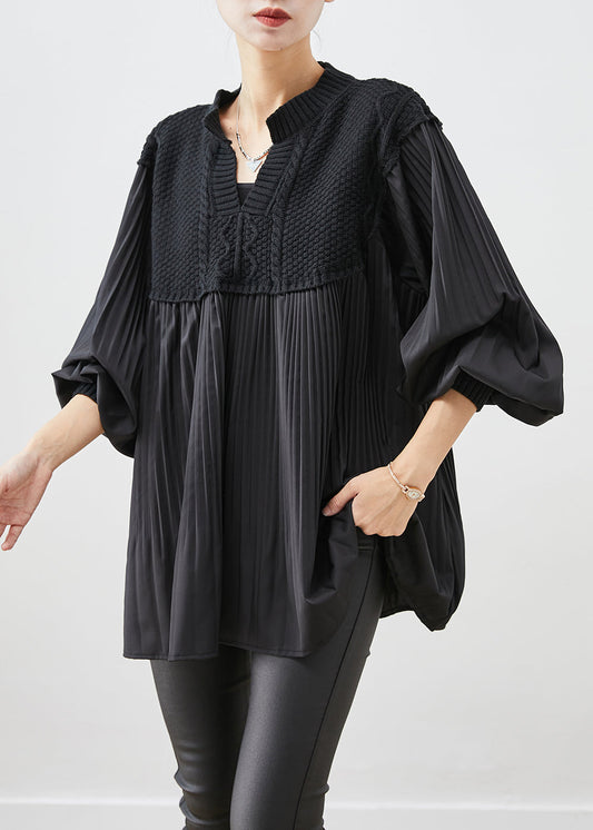 Black Oversized Patchwork Wrinkled Tops Lantern Sleeve