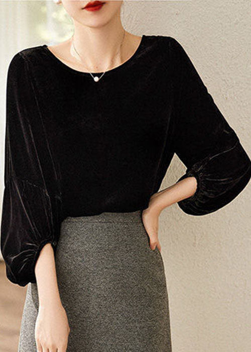 Italian Black O-neck Velour Loose Tops Lantern Sleeve